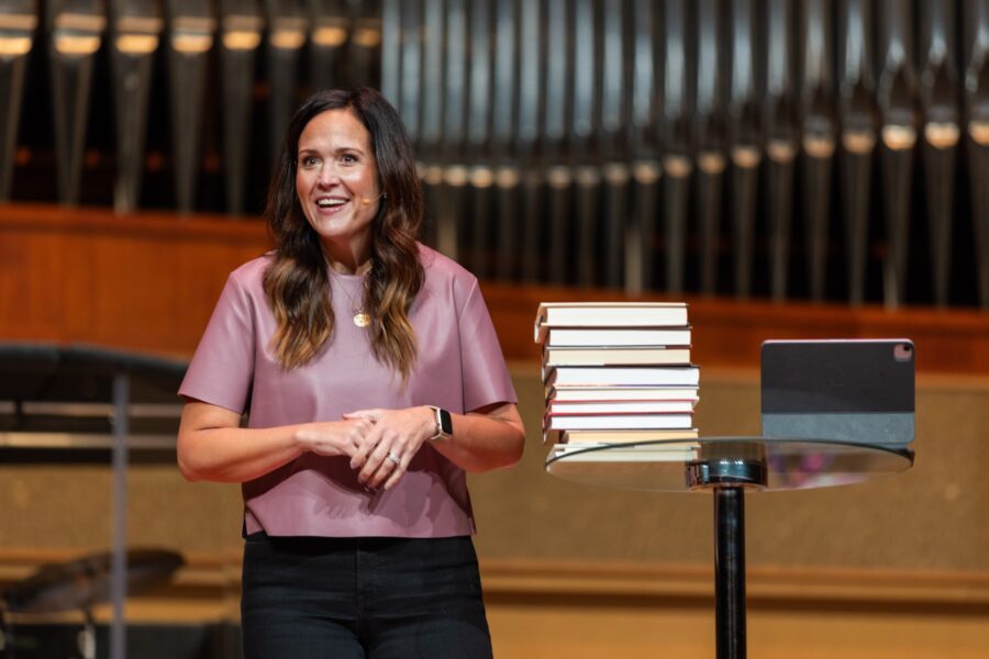 Tara Beth Leach speaking in chapel