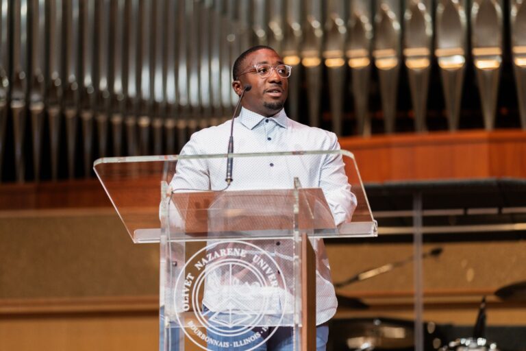 Antonio Marshall speaking in chapel