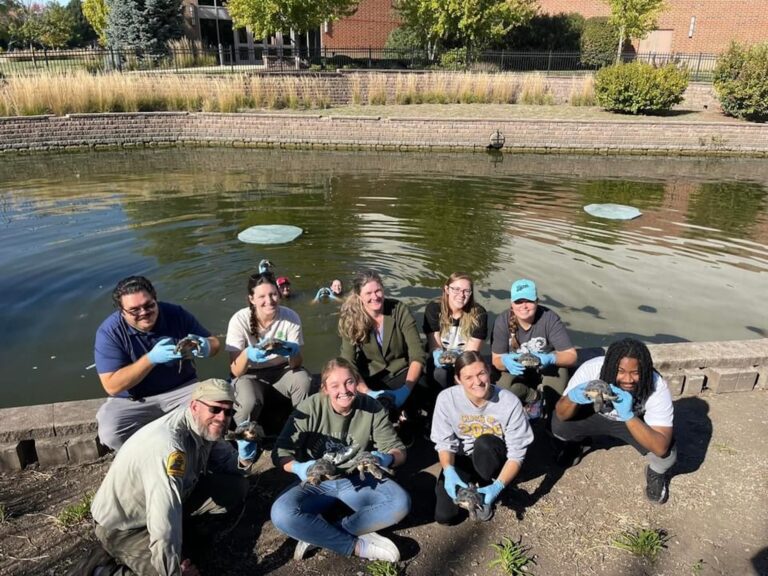 students holding turtles near chapel