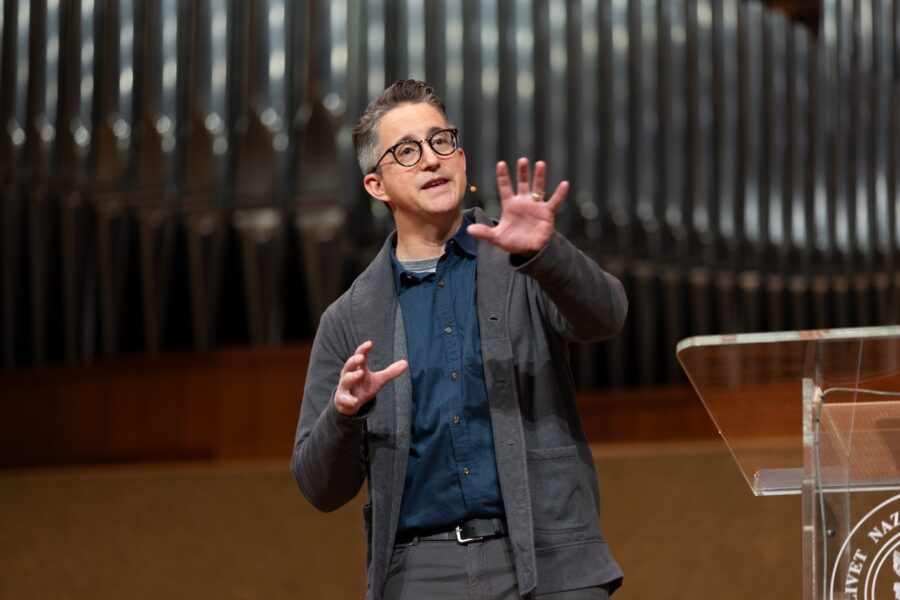 Casey Tygrett speaking in chapel